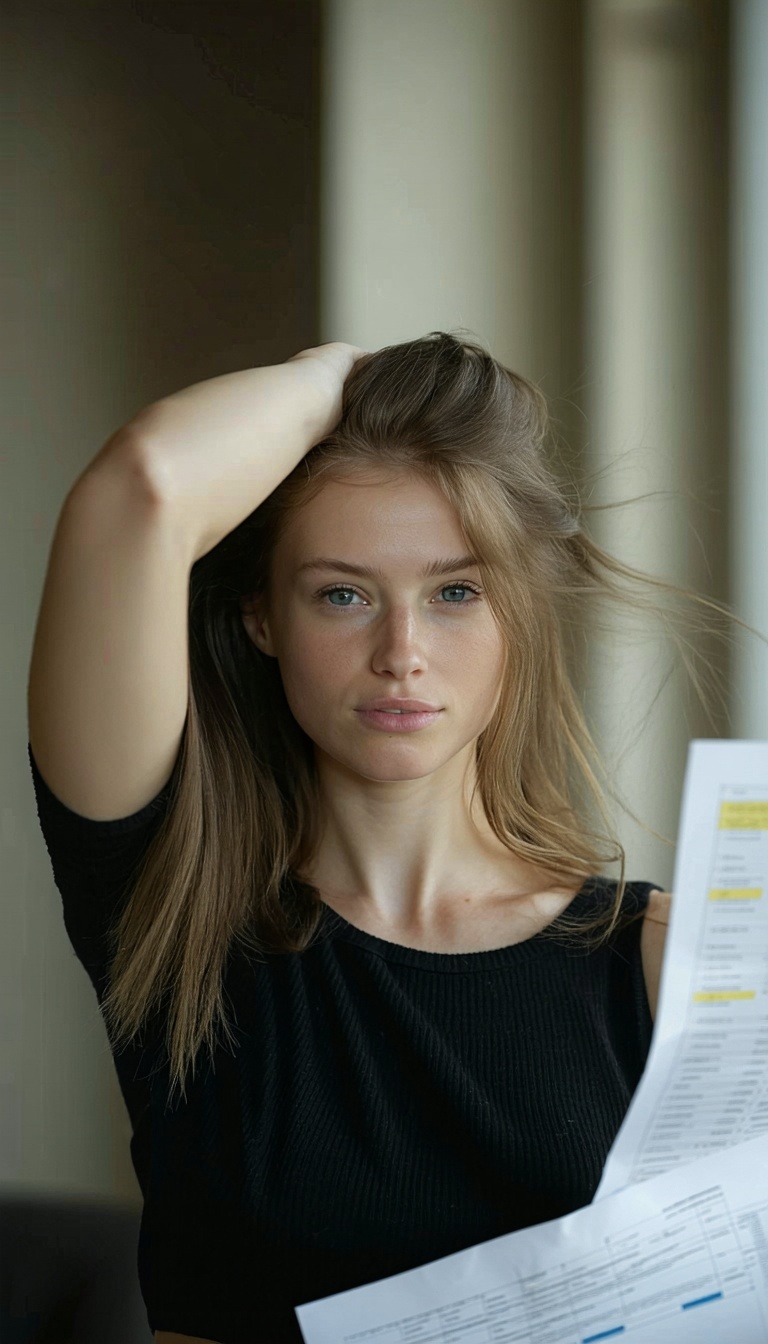 Image of a calm empowered woman reviewing results or holding her hair in portrait mode-1 Image of a calm empowered woman reviewing results or holding her hair in portrait mode-1
